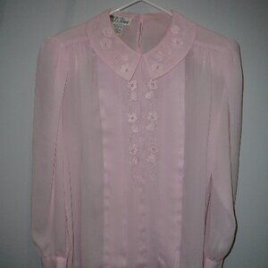LaBlouse Pleated Long Sleeve Sheer Pink Floral Design Mini White Beads-Size 12
